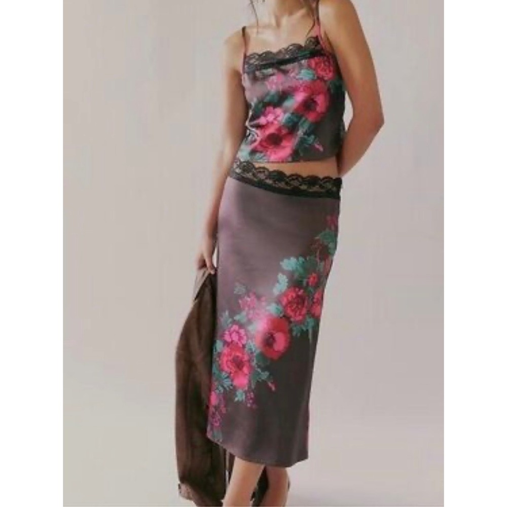 Free People Midnight Garden 2-Piece Set Satin Floral Cami Midi Skirt Brown M NEW - Picture 1 of 12